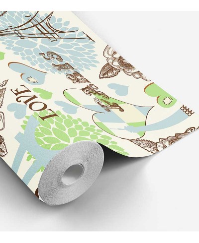 Papel de parede em tons claros, verde limão, azul e detalhes em preto e marrom escuro - Contemporâneo 19