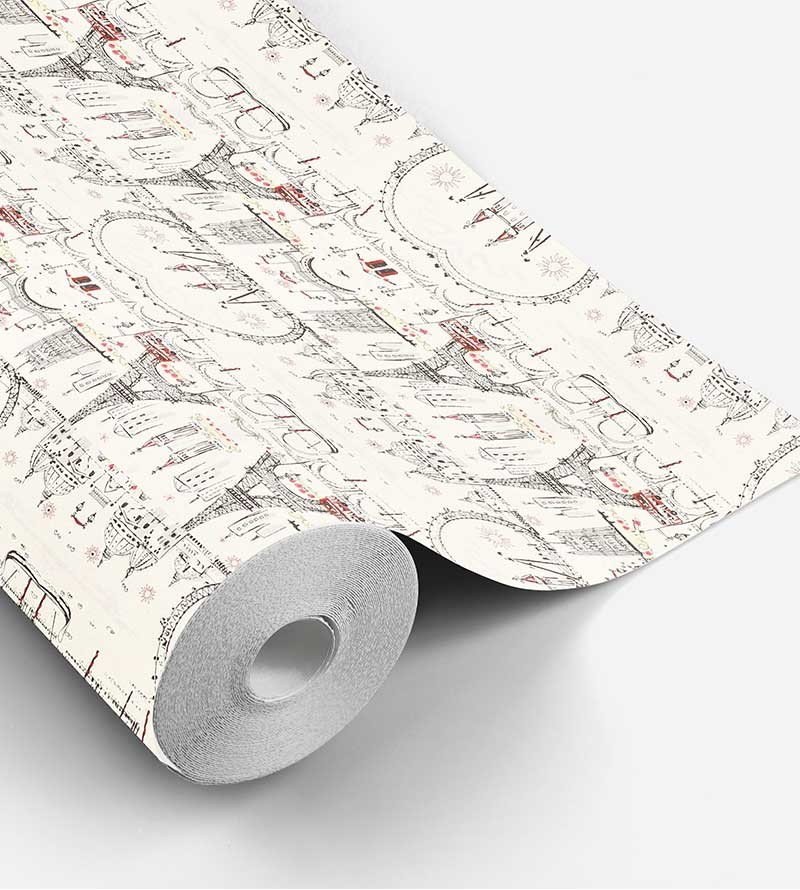 Papel de parede com fundo bege e detalhes da torre Eiffel em vermelho e preto - Contemporâneo 23