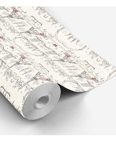 Papel de parede com fundo bege e detalhes da torre Eiffel em vermelho e preto - Contemporâneo 23 Papel de parede com fundo bege e detalhes da torre Eiffel em vermelho e preto - Contemporâneo 23