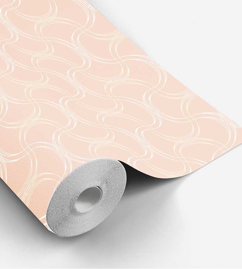 Papel de parede com fundo salmão com detalhes em arabescos brancos
