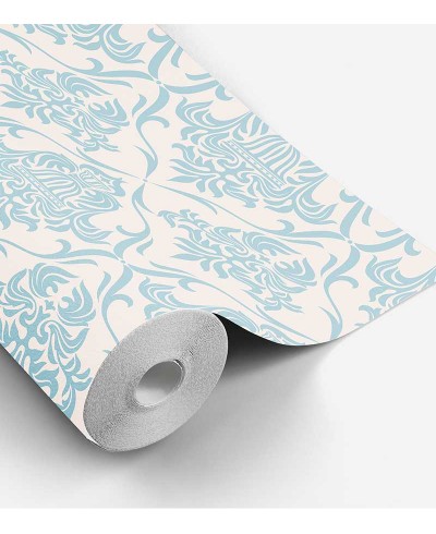 Papel de parede arabesco em tons azul e fundo cinza - Damask 02