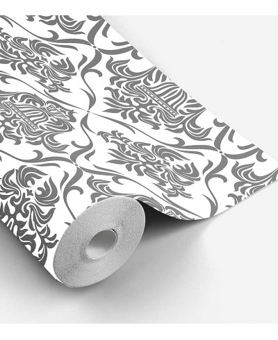 Papel de parede arabesco com fundo branco e detalhes em cinza - Damask 03 Papel de parede arabesco com fundo branco e detalhes em cinza - Damask 03