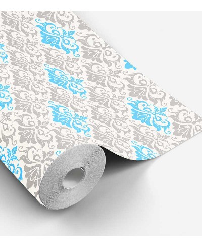 Papel de parede arabesco fundo branco com desenhos em tons de cinza e azul claro - Damask 18 Papel de parede arabesco fundo branco com desenhos em tons de cinza e azul claro - Damask 18