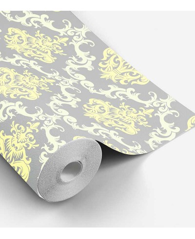 Papel de parede com fundo cinza e desenhos em tons amarelos - Damask 19 Papel de parede com fundo cinza e desenhos em tons amarelos - Damask 19