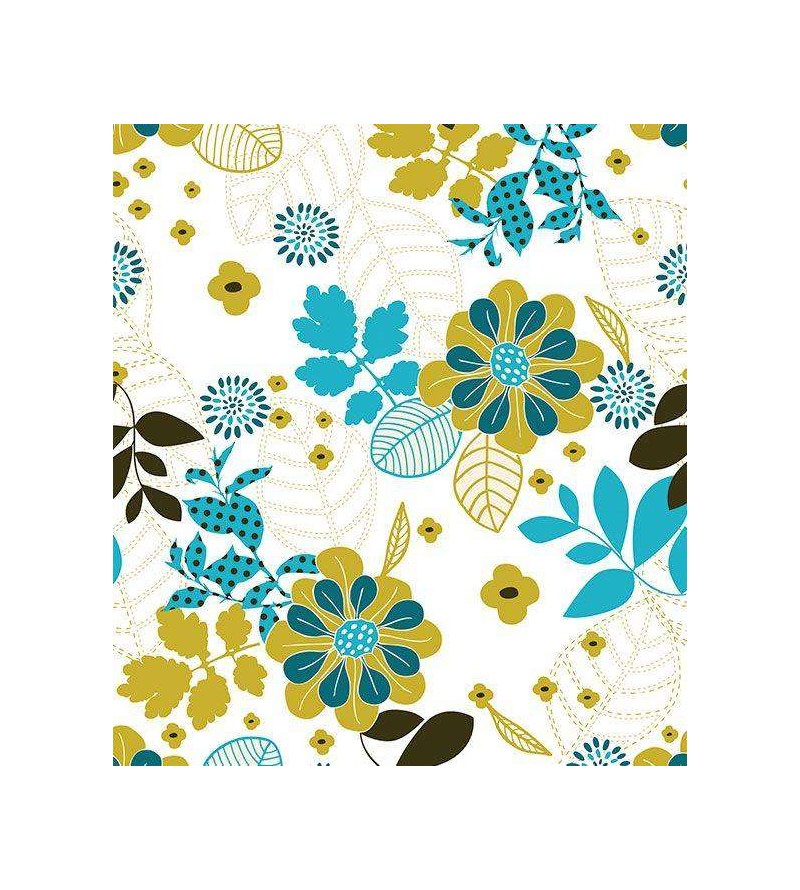 Papel de parede com fundo branco e detalhes em tons de verde, azul e preto - Retro 03