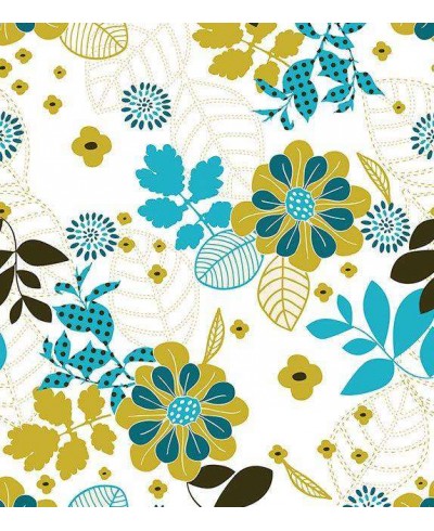 Papel de parede com fundo branco e detalhes em tons de verde, azul e preto - Retro 03