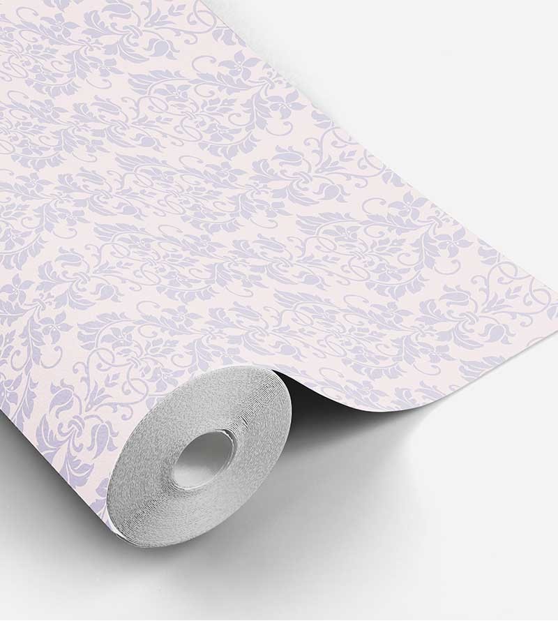Papel de parede com fundo rosa claro e desenhos em tons lilás - Damask 22