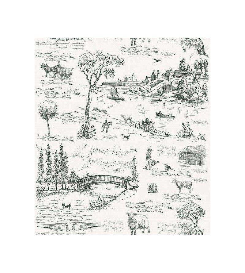 Papel de parede com fundo branco e desenhos em tons acinzentados - Toile 01