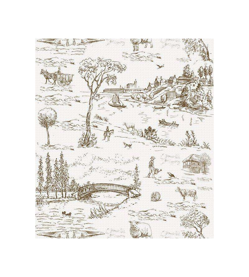 Papel de parede com fundo branco e desenhos em tons marrom escuro - Toile 04