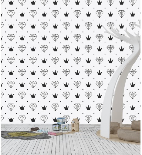 Papel de Parede Diamante e Coroas em Preto e Branco