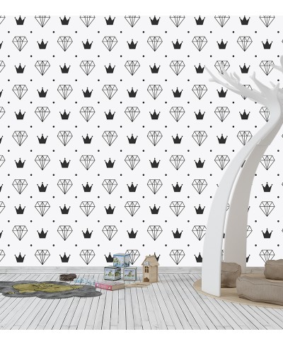 Papel de Parede Diamante e Coroas em Preto e Branco Papel de Parede Diamante e Coroas em Preto e Branco