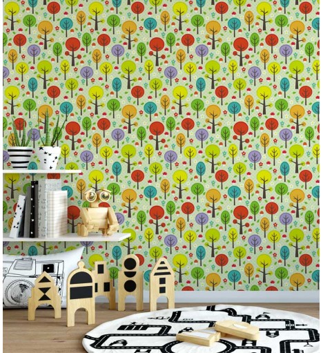 Papel de parede com fundo verde, desenho nas cores, marrom, amarelo, vermelho, laranja e roxo - Infantil 163