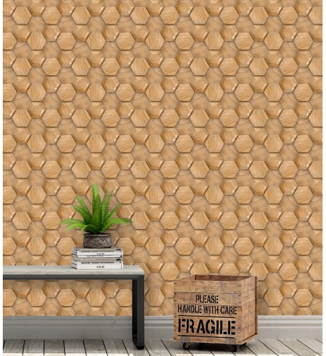 Papel de Parede 3D Hexágono Madeira