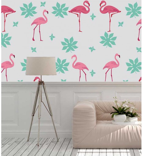 Papel de parede Flamingos e Flores em tons de rosa