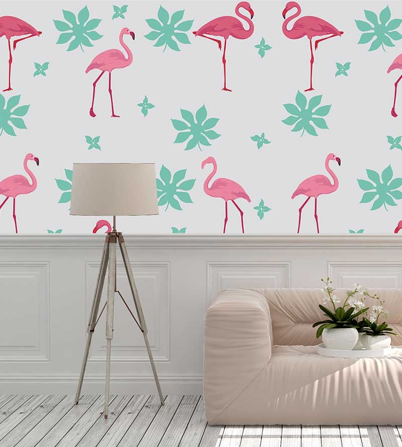 Papel de parede Flamingos e Flores em tons de rosa