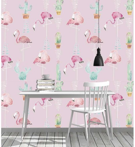 Papel de parede Cactos e Flamingos