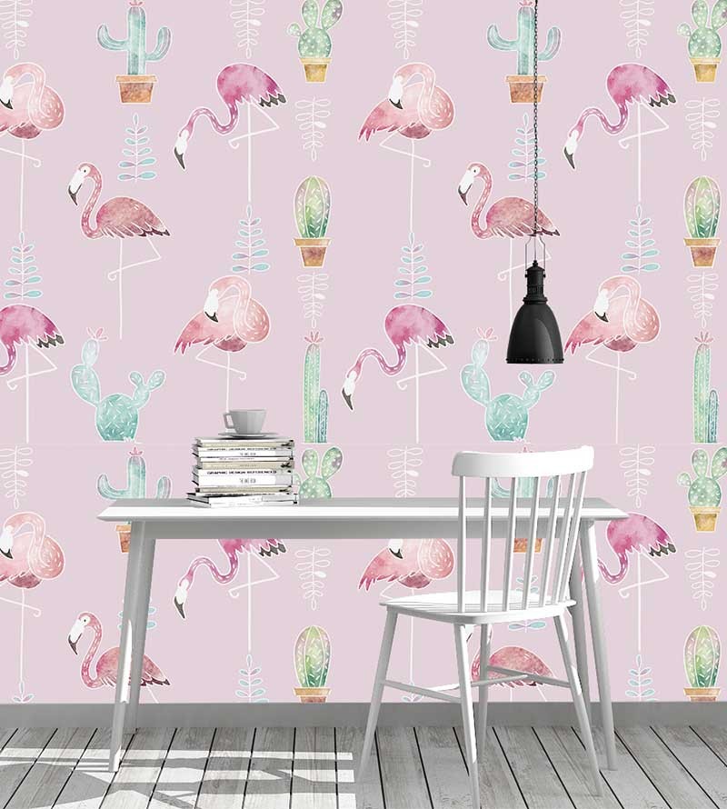 Papel de parede Cactos e Flamingos