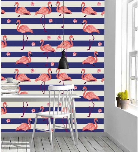 Papel de parede Flamingo com Listras em Azul e Flores