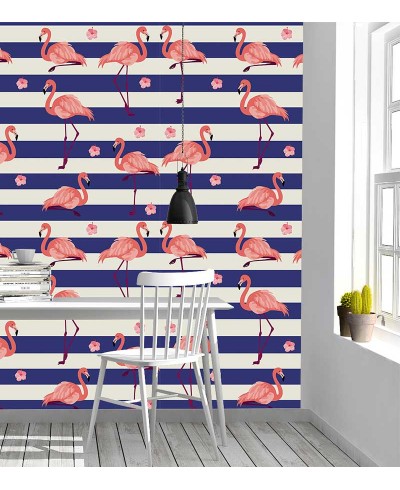 Papel de parede Flamingo com Listras em Azul e Flores