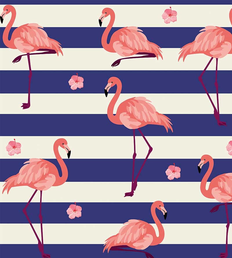 Papel de parede Flamingo com Listras em Azul e Flores