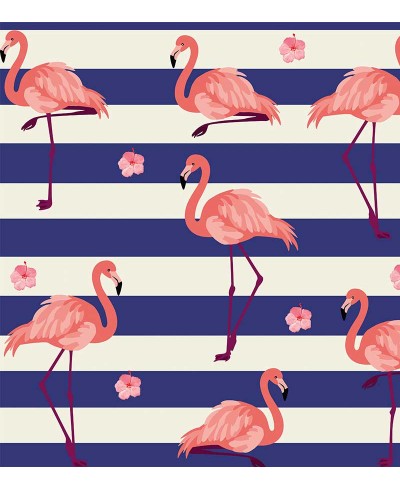 Papel de parede Flamingo com Listras em Azul e Flores
