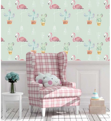 Papel de parede com Detalhes com Árvorezinhas e Flamingos