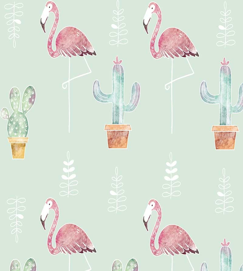 Papel de parede com Detalhes com Árvorezinhas e Flamingos