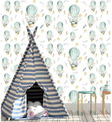 Papel de parede com balões e coelhinhos voando em tons leves de branco e azul - Infantil 222