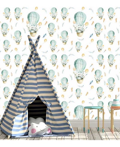 Papel de parede com balões e coelhinhos voando em tons leves de branco e azul - Infantil 222 Papel de parede com balões e coelhinhos voando em tons leves de branco e azul - Infantil 222