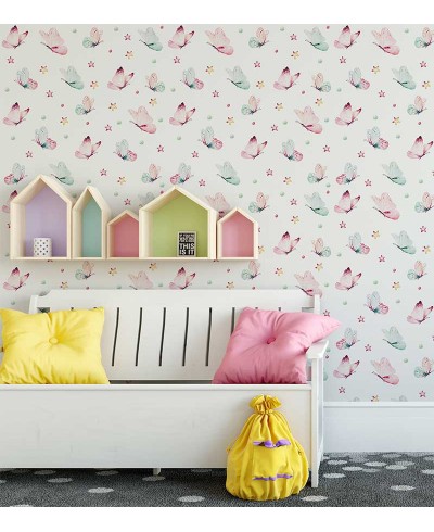 Papel de parede com borboletas em tons aquarela de rosa e azul - Infantil 227