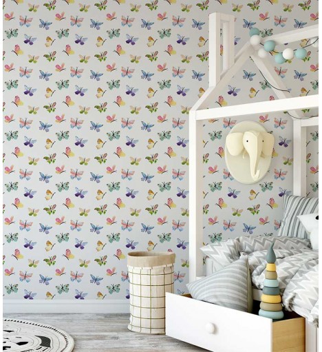 Papel de parede com borboletas floridas com fundo branco e borboletas nas cores da natureza - Infantil 228