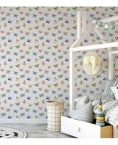 Papel de parede com borboletas floridas com fundo branco e borboletas nas cores da natureza - Infantil 228