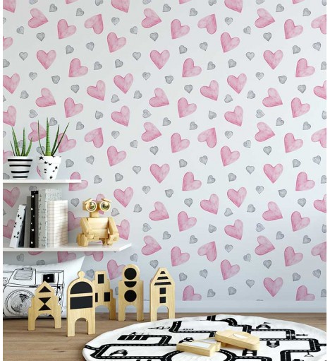 Papel de parede com corações em tons aquarela de rosa e roxo - Infantil 229