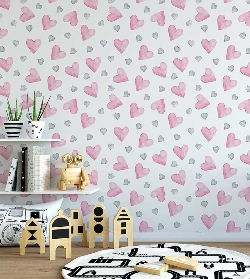 Papel de parede com corações em tons aquarela de rosa e roxo - Infantil 229