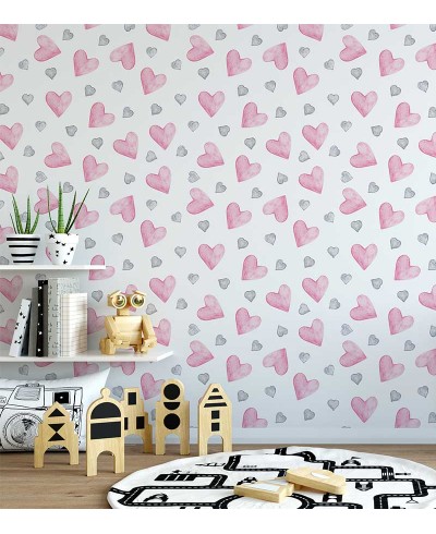 Papel de parede com corações em tons aquarela de rosa e roxo - Infantil 229