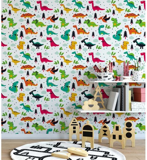 Papel de parede com dinossauros com cores vivas e variadas, vermelho, verde azul e derivadas - Infantil 230