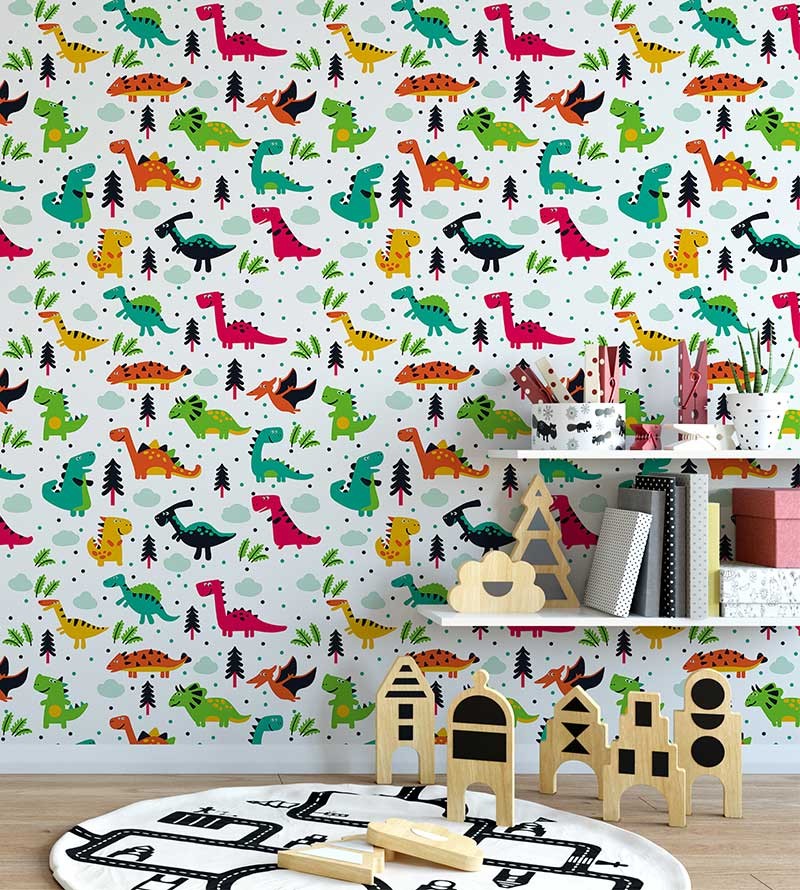 Papel de parede com dinossauros com cores vivas e variadas, vermelho, verde azul e derivadas - Infantil 230