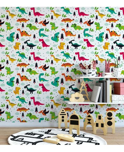 Papel de parede com dinossauros com cores vivas e variadas, vermelho, verde azul e derivadas - Infantil 230