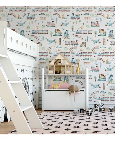 Papel de parede objetos da cidade em tons aquarelas com cores primárias - Infantil 231