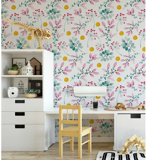 Papel de parede florido com laranjas em cores de rosa e verde - Infantil 233