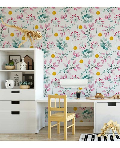 Papel de parede florido com laranjas em cores de rosa e verde - Infantil 233