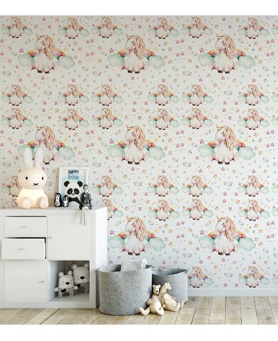 Papel de parede com unicórnios em tons rosas claros e derivados - Infantil 234
