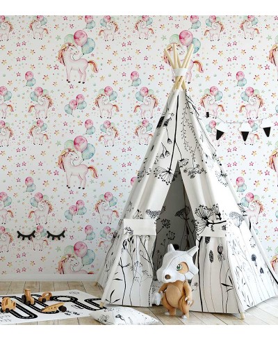 Papel de parede com unicórnios em clima de festa em cores de rosa claro e azul aquarela - Infantil 235