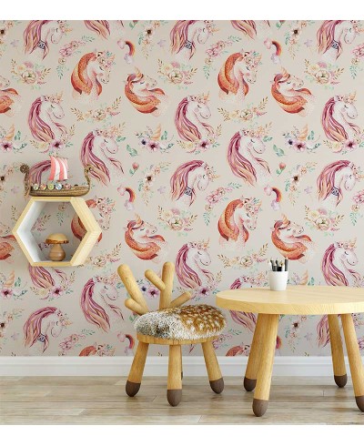 Papel de parede com unicórnios com fundo rosa claro e unicórnios em rosa escuro e branco - Infantil 236