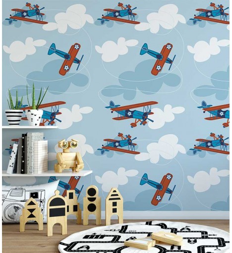 Papel de parede com céu de fundo e com aviões infantis nas cores azuis e branco - Infantil 219