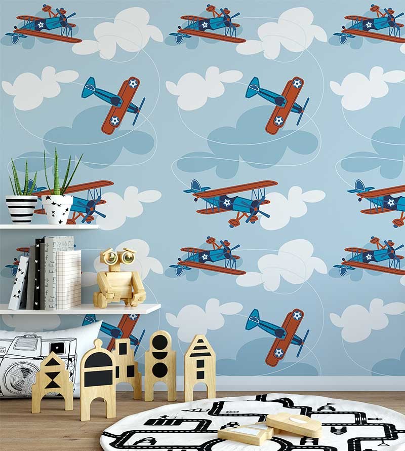 Papel de parede com céu de fundo e com aviões infantis nas cores azuis e branco - Infantil 219