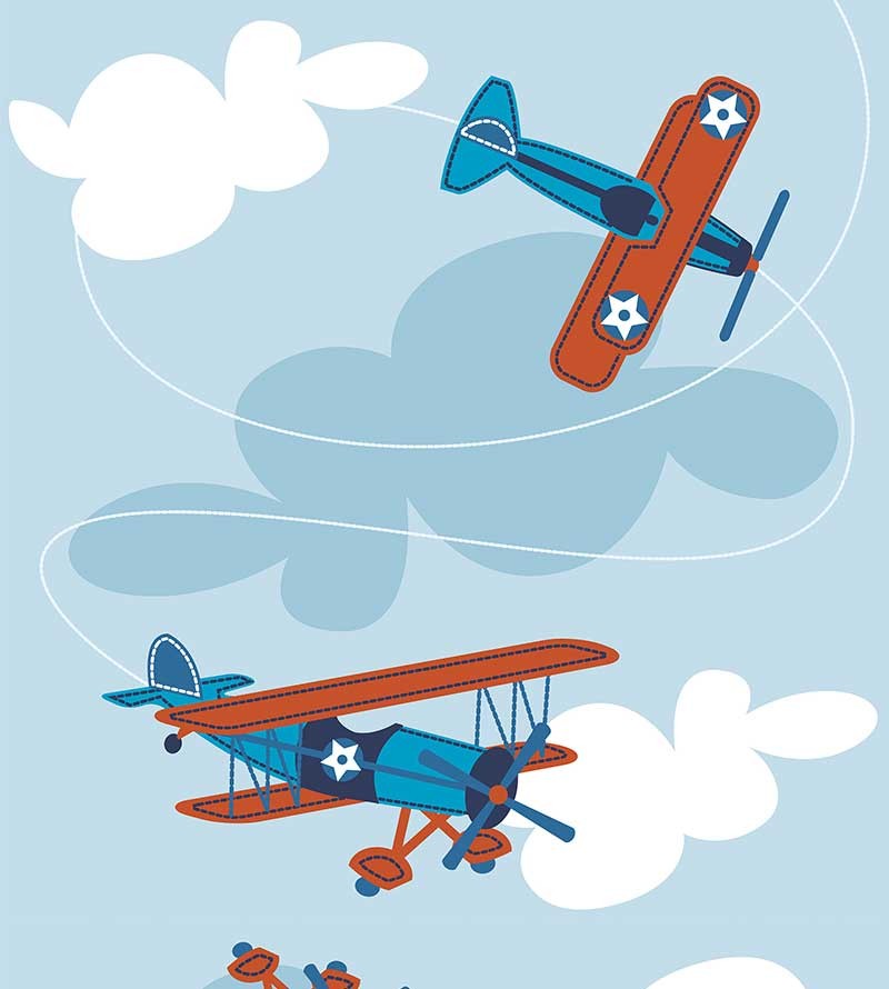 Papel de parede com céu de fundo e com aviões infantis nas cores azuis e branco - Infantil 219