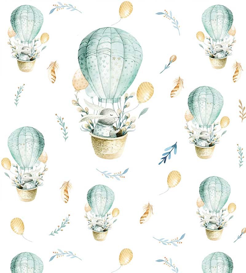 Papel de parede com balões e coelhinhos voando em tons leves de branco e azul - Infantil 222