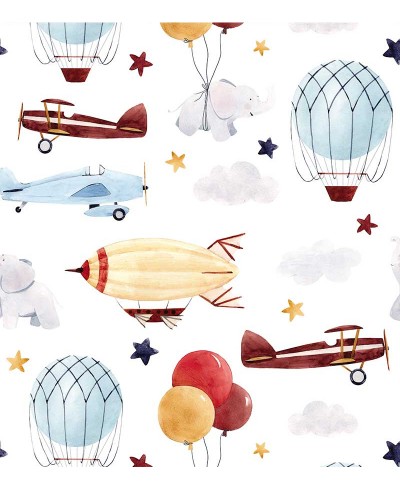 Papel de parede com aviões e balões em tons leve de branco, azul e vermelho - Infantil 224