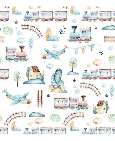 Papel de parede objetos da cidade em tons aquarelas com cores primárias - Infantil 231